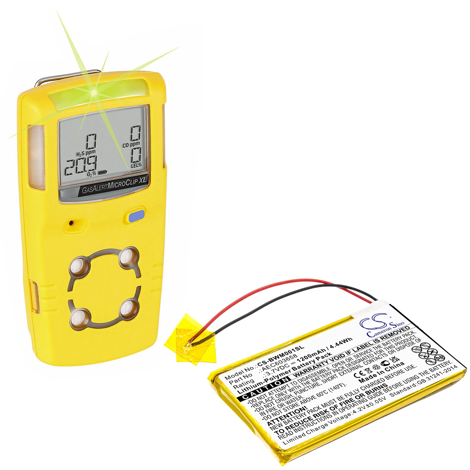 

Cameron Sino 1200mAh Battery For BW Gasalert Microclip Gas Detector GasAlert Micro Clip XL MCXL-MPCB1 MC-XW00-Y-CN-00 AEC603658