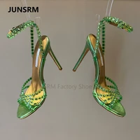 2022 colourful gems laser high heels mules peep toe pvc cutout transparent buckle ankle sandals summer women party wedding shoes