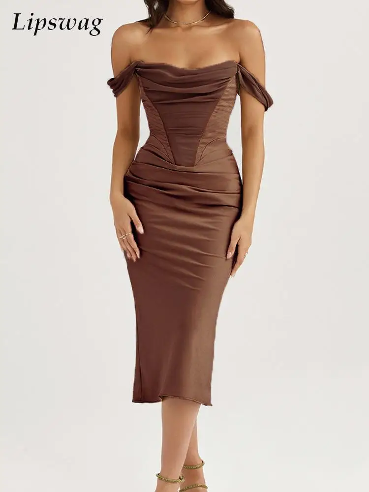 

Elegant Off Shoulder Bodycon Midi Dress Solid Fashion Strapless Ladies Evening Dresses Women Sexy Slash Neck Draped Party Dress