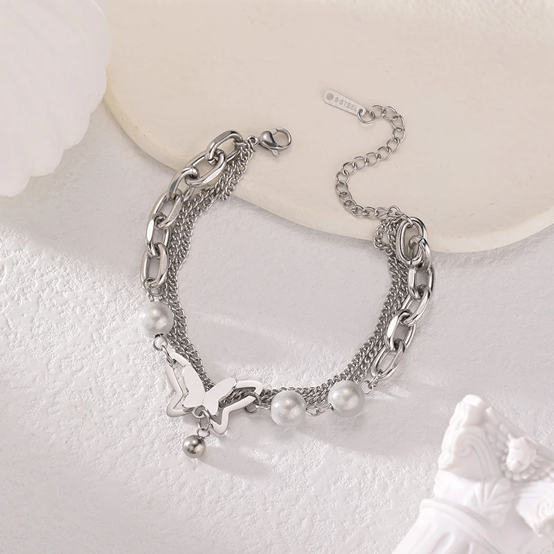 

Female Heart Butterfly Pearl Chain Bracelets for Women High Quality Stainless Steel Bracelet on Hand Girl Weddings Jewelry Gifts