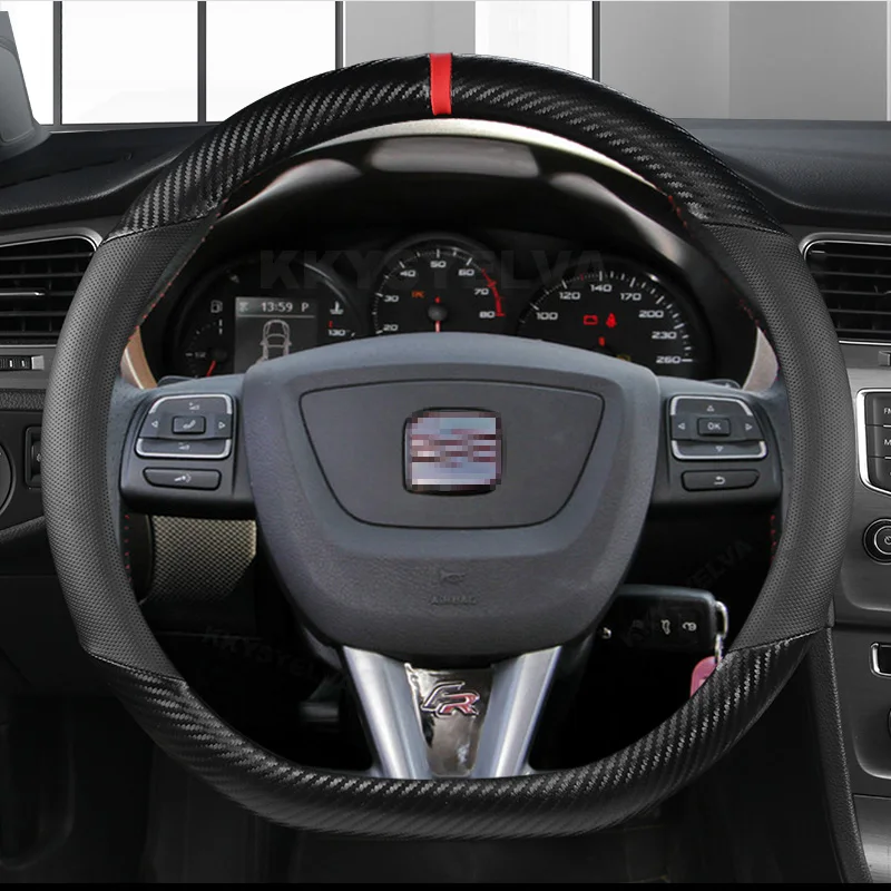 Чехол рулевого колеса автомобиля нескользящее углеродное волокно + кожа 38 см для