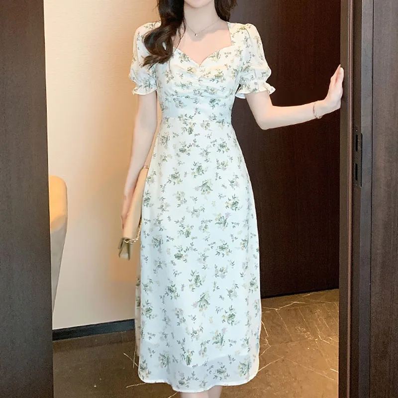 

Puff Sleeve Floral Chiffon Dress for Women Summer 2023 Short Sleeve Elegant Dress Party Fashion Printed Long Dresses Robes 25395