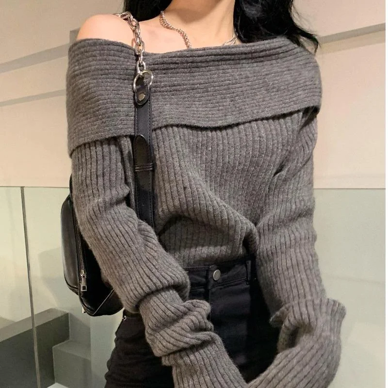 

Sexy Off Shoulder Sweater for Women Loose Korean Fashion Knitwear Autumn and Winter Thickened Pullover Sexy Female Y2k Top