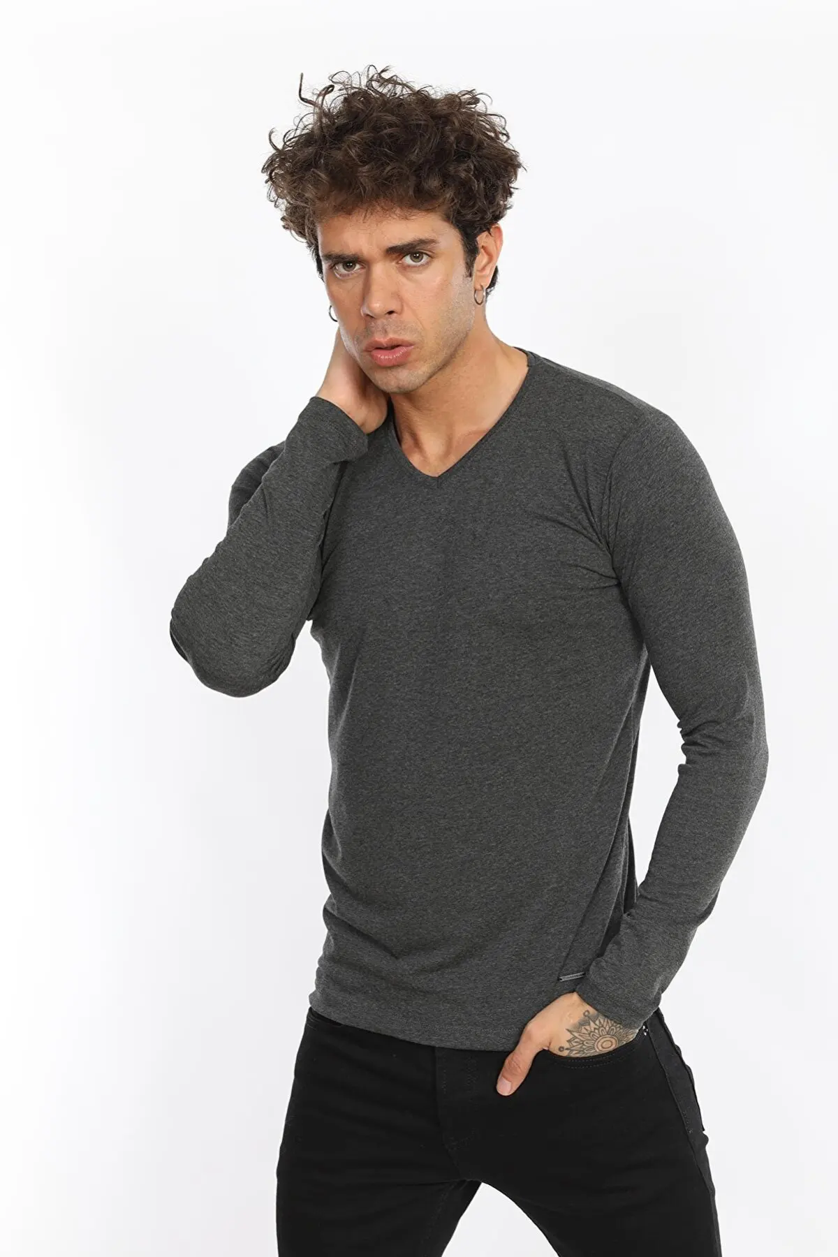 

Antnite slim fit lycra v neck basic long sleeve tshirt sweatshirts for men 36293779
