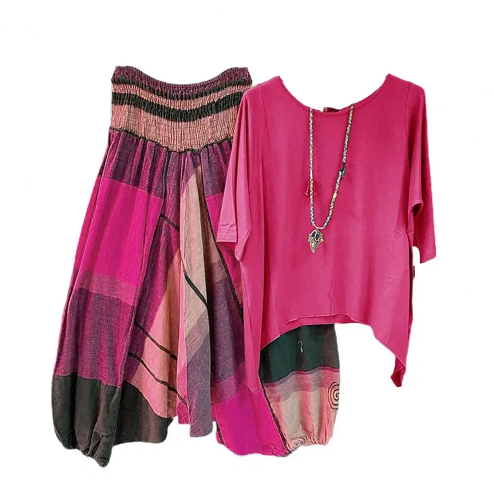 

Женский стильный комплект из двух предметов, блузка и брюки в клетку, свободный крой, футболка с круглым вырезом и штаны, очень мягкие, 1 комп...