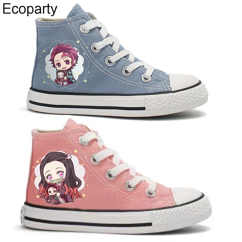 Kids Demon Slayer Cosplay Shoes Pink Blue Lace Up High Top Canvas Shoes Student Boy Girls Fashion Leisure Sneakers For Children