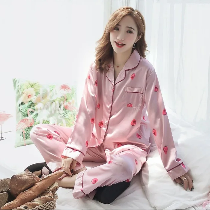Spring and Autumn New Ladies Pajamas Ice Silk Thin Noble Leisure Home Wear Pijamas Women Sleep Tops Pajamas for Women