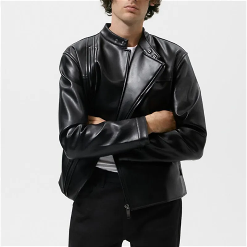 

PB&ZA2022 spring new men's stand collar zipper casual imitation leather motorcycle motorcycle oblique zipper jacket