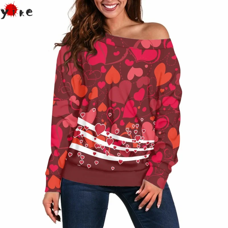 

Блузка женская с открытыми плечами, Элегантный Модный пикантный красный пуловер с длинным рукавом и круглым вырезом, с принтом Love, одежда на...