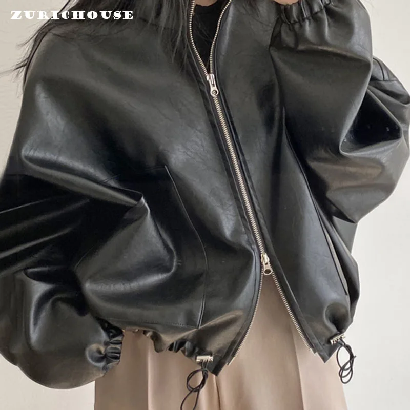 ZURICHOUSE PU Leather Jacket Women Fashion Loose Fit Hem Drawstring Design Two-way Zipper Stand Collar Locomotive Jackets