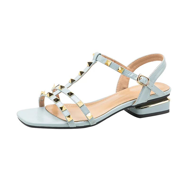 Flat sandals women's summer 2023 new rivet block heel Roman shoes medium heel large size women's shoes 41 to 43