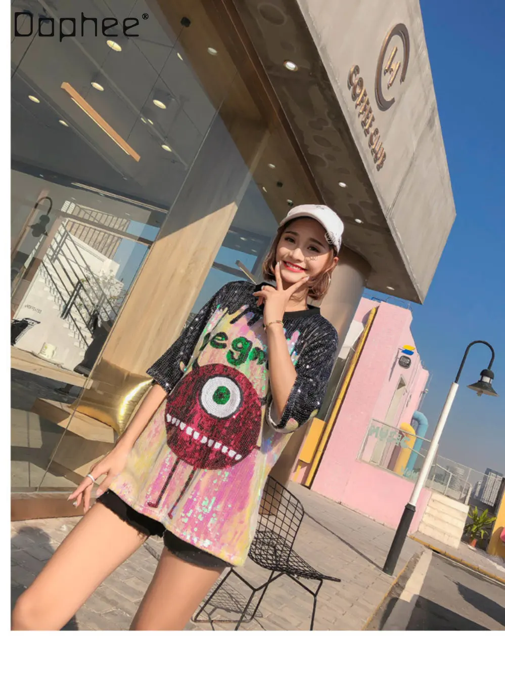 

Fashion Brand Cartoon Alphabet Sequins Mid-Length Loose Short-Sleeved Shirts for Women 2023 Summer New Round Neck T-shirt Top