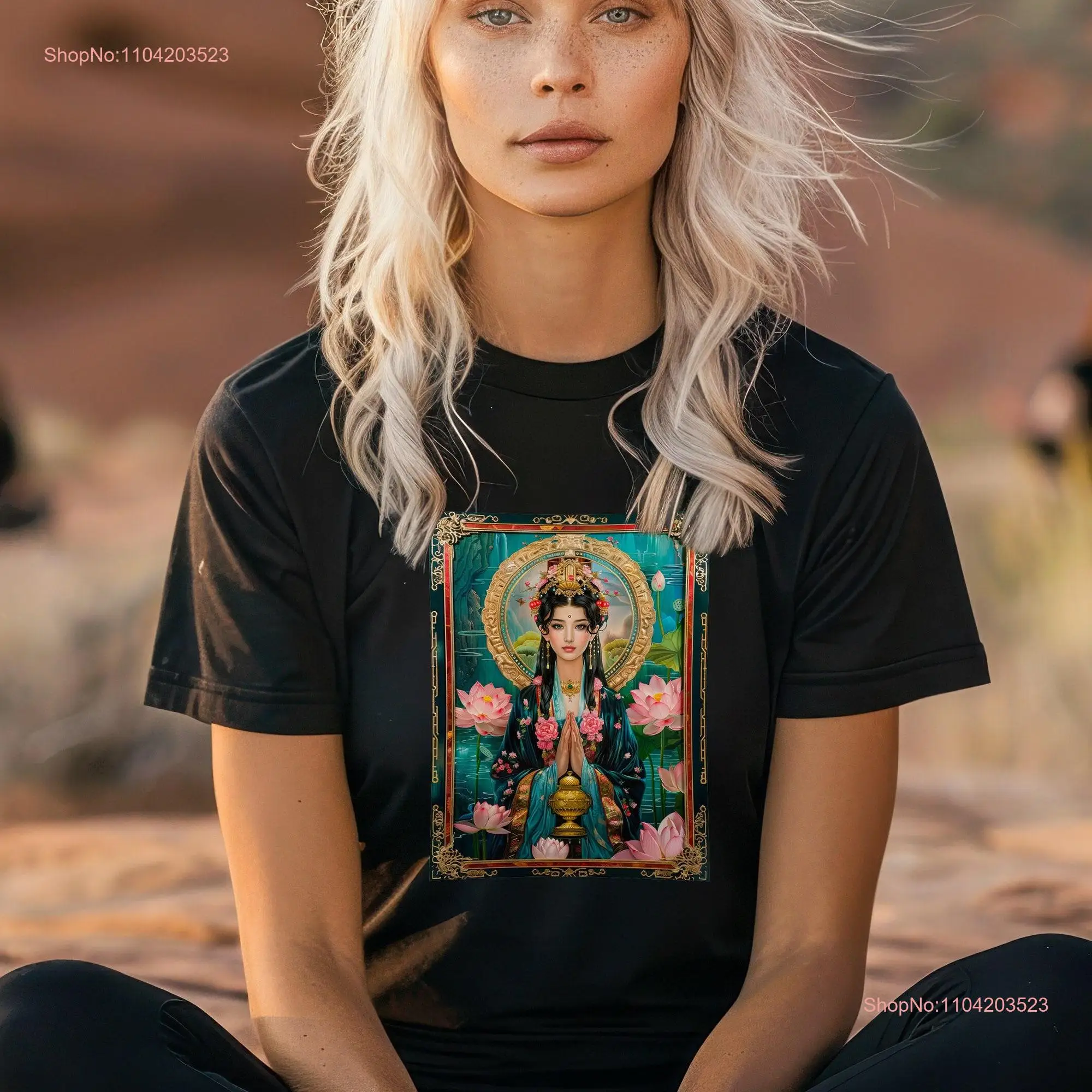 Футболка Kwan Yin and Golden Chalice Духовная очаровательная исцеляющая вода Дизайн Гуань с