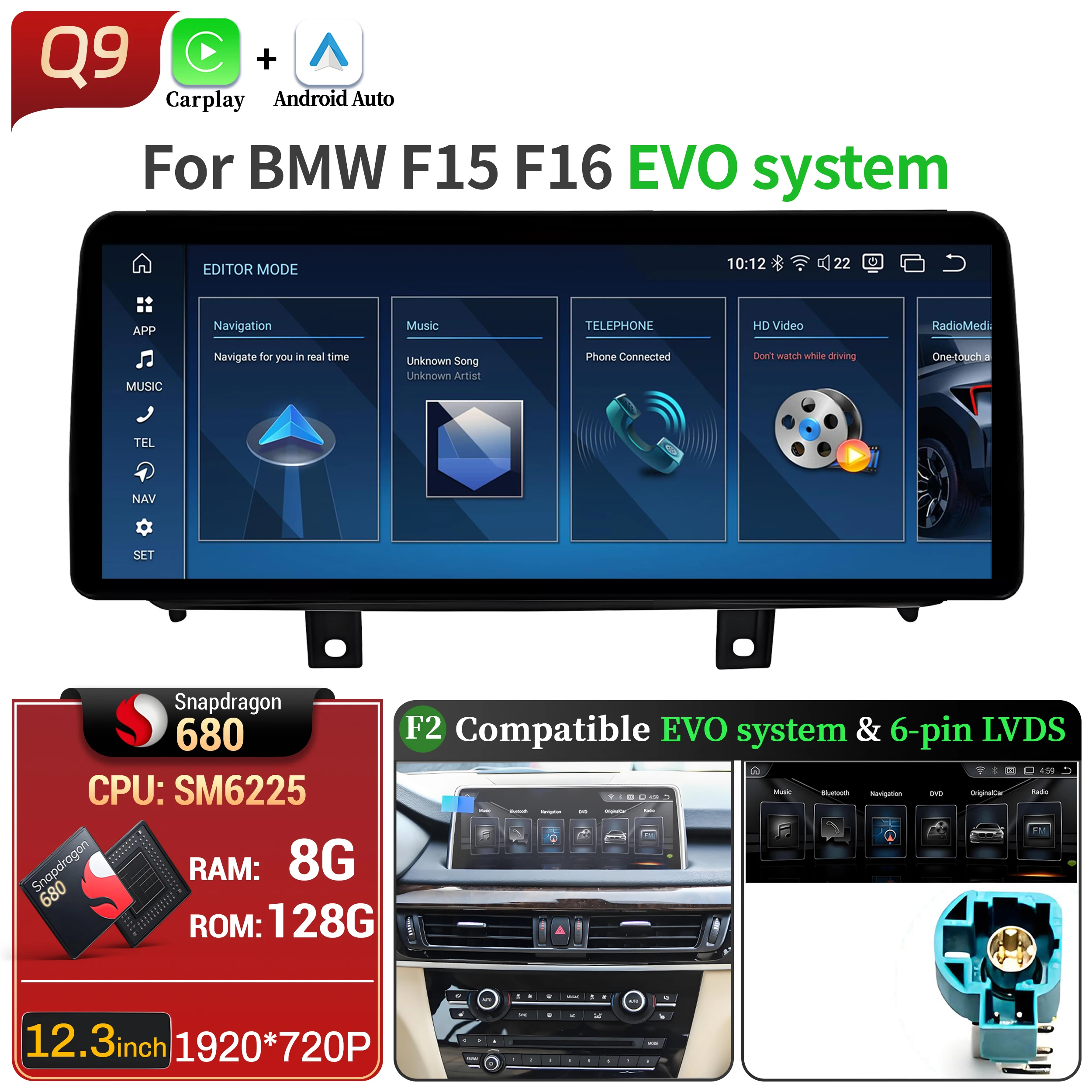 

12,3-дюймовый Android 14 для BMW X5 F15 X6 F16 2014-2018, автомобильная магнитола с беспроводным Bluetooth, CarPlay, процессор Snapdragon 680, сенсорный экран