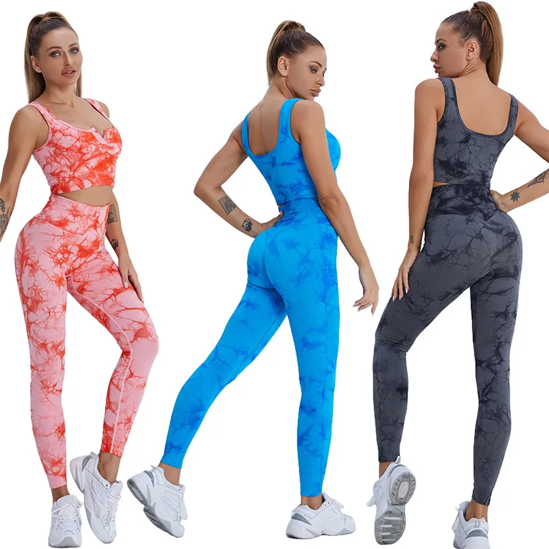 

Gym Seamless Leggings Tie-Dyed Yoga Sets Sports Fitness High Waist Hip Raise Pants Beauty Back Vest Suits Workout Sets for Women