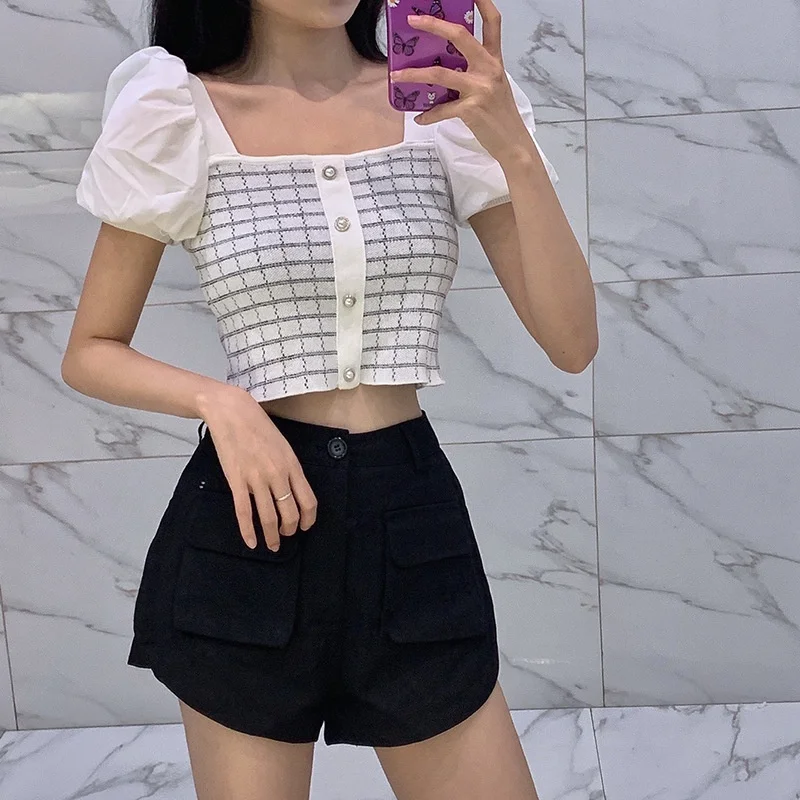 

Retro 2022 Women Square Collar Stitching Puff Sleeve Knitted Short-sleeved Top Crop Top