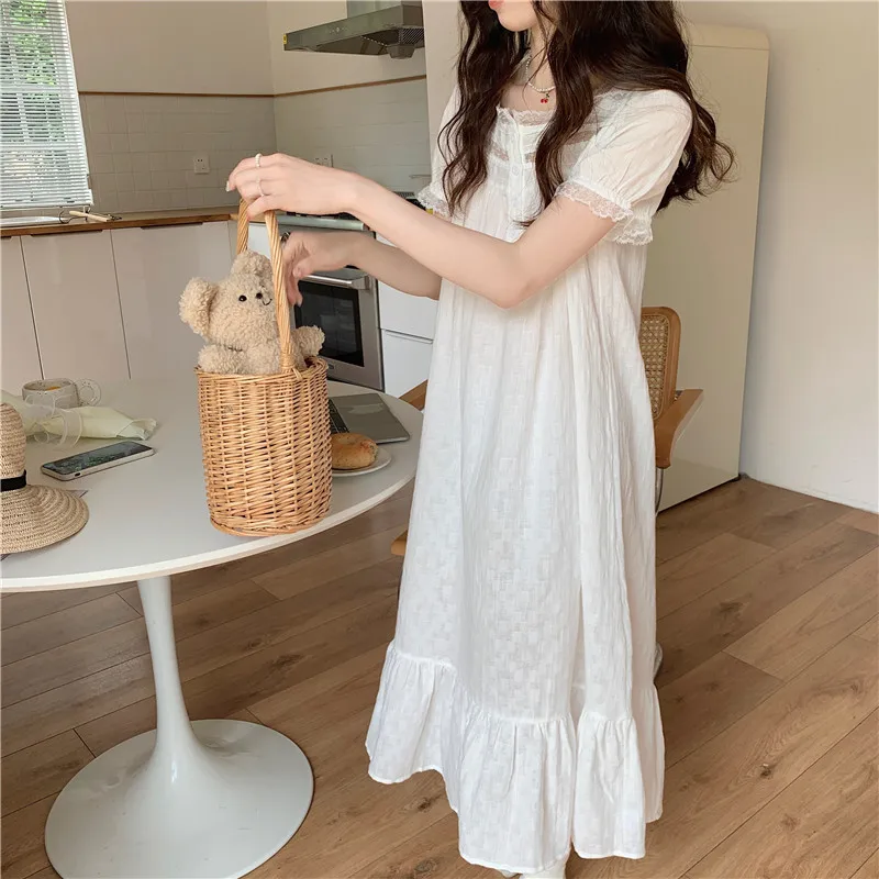 French Style Women White Sleep Dress Home Clothes Short Sleeve Lace Patchwork Loose Cute Soft Nightgown Women Princess D383