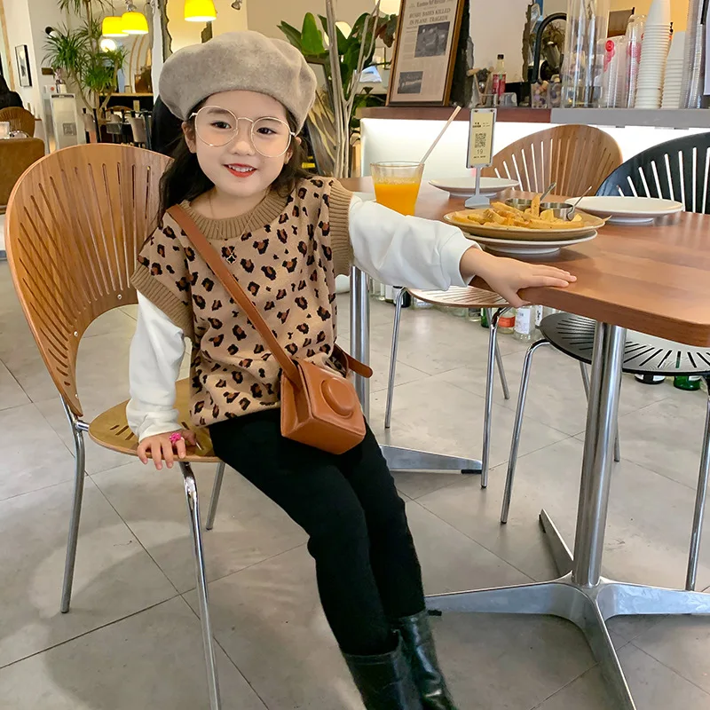 

Korean 2022 Autumn Leopard Casual New Tops Fashion Hoodie Print O-neck Girl Autumn Sweater Vest Casual Spring