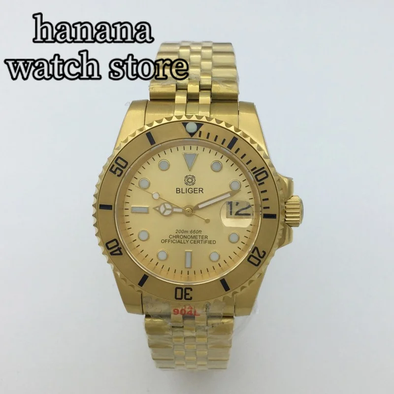 Часы BLIGER Мужские механические роскошные полностью желтые золотые серебряные 40