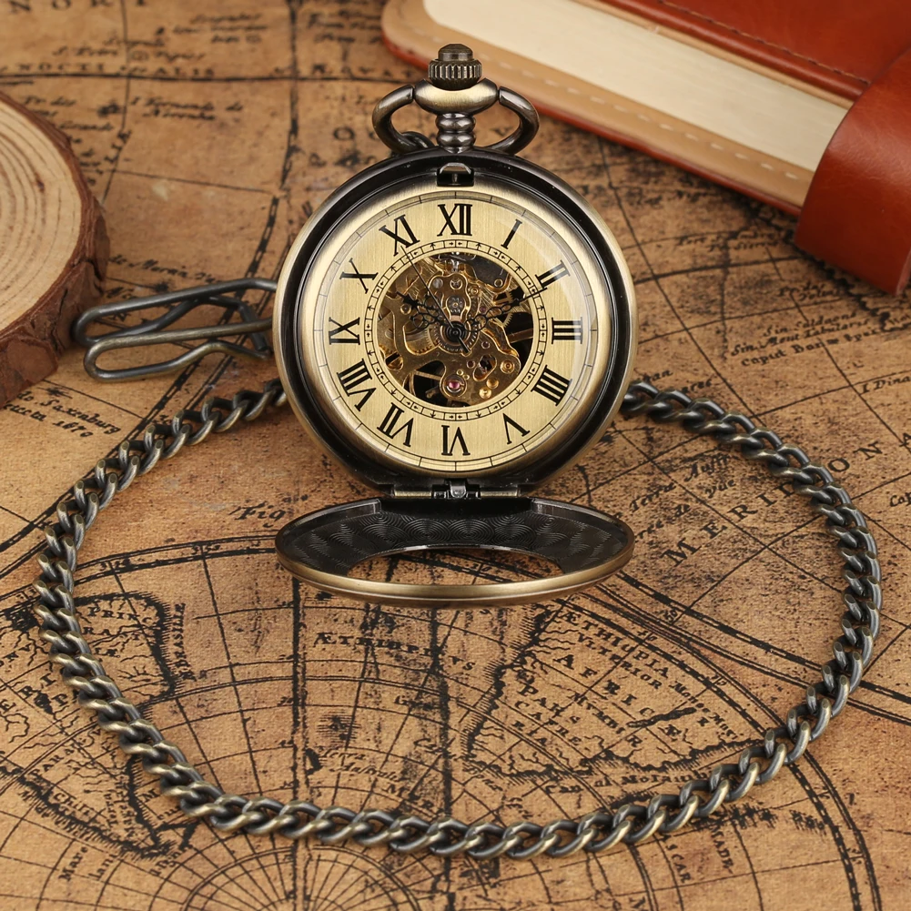Circle Hollow Polished Smooth Bronze Mechanical Pocket Watch Hand Winding Vintage Roman Numerals Dial Man Clock  Pocket Chain