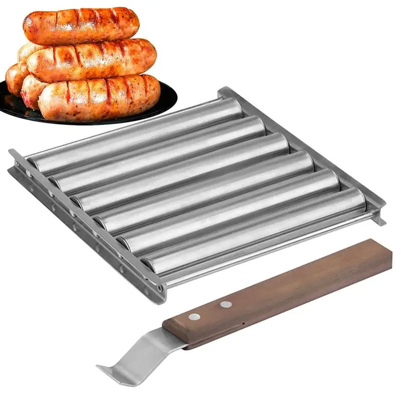 

Stainless Steel Hot Dog Sausage Roller Rack Steamer with Extra Long Wood Handle New BBQ Tools 5 Section Brat Griller