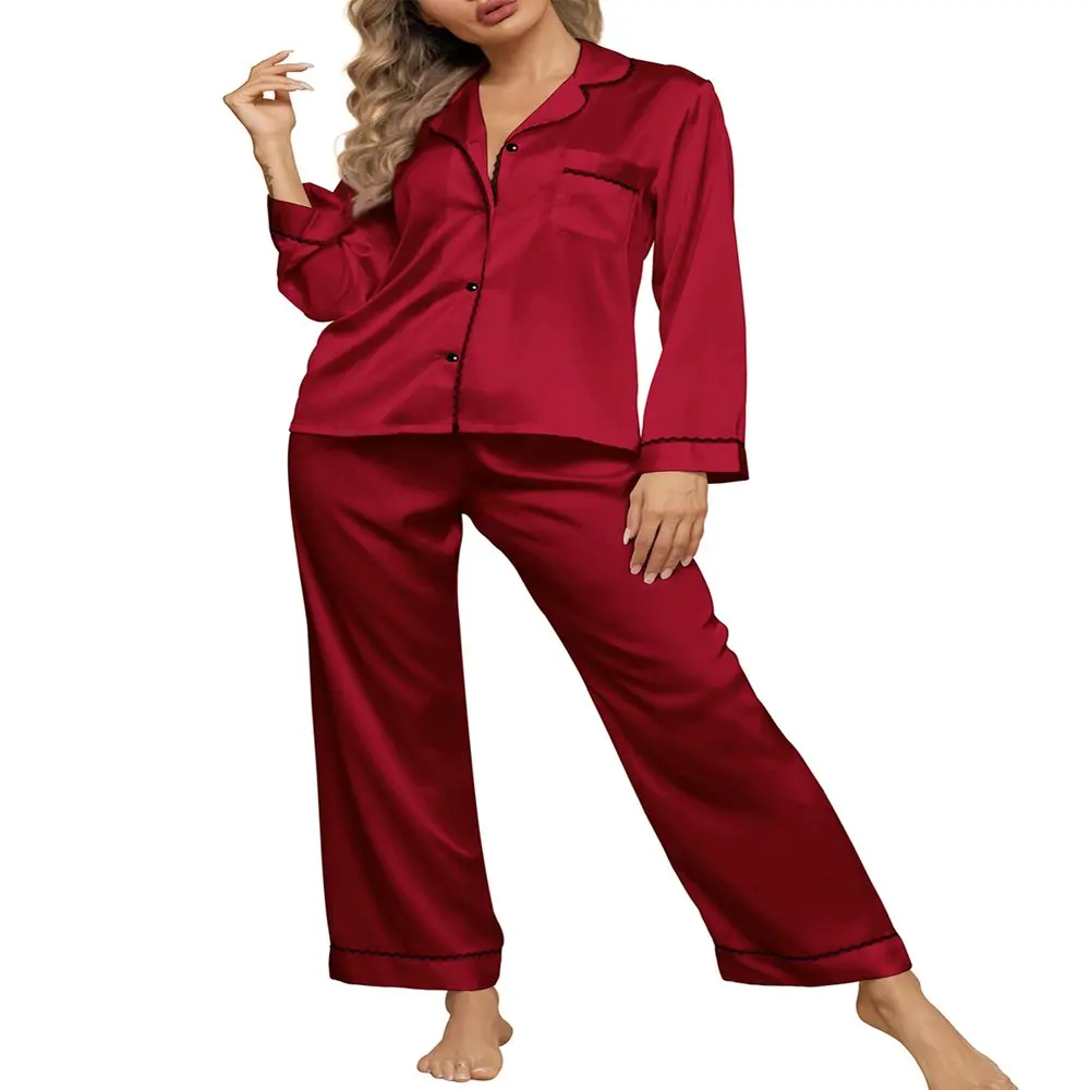 

Womens Silk Satin Pajama Sets with Chest Pockets Notch Collar Two Piece Sleepwear Loungewear Soft Pj Set