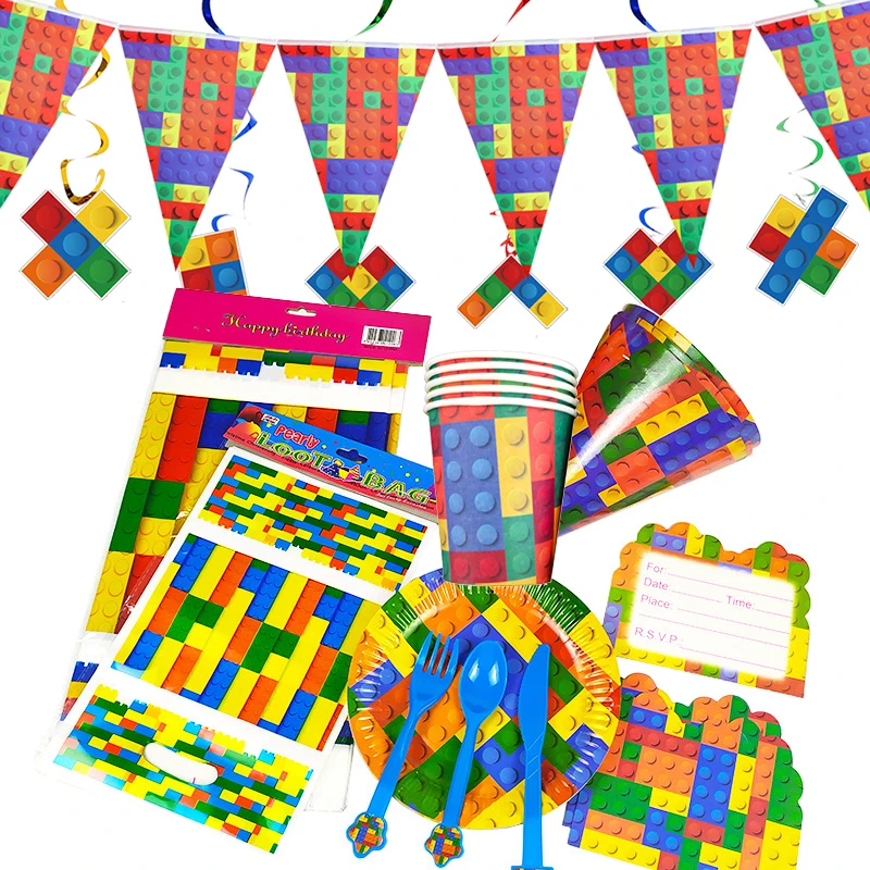 Лего Строительные блоки Тематический вечер Украшение Столовые приборы Бумажные стаканы Тарелки Салфетки Баннер Детский душ Детский день рождения Фаворит поставляет.