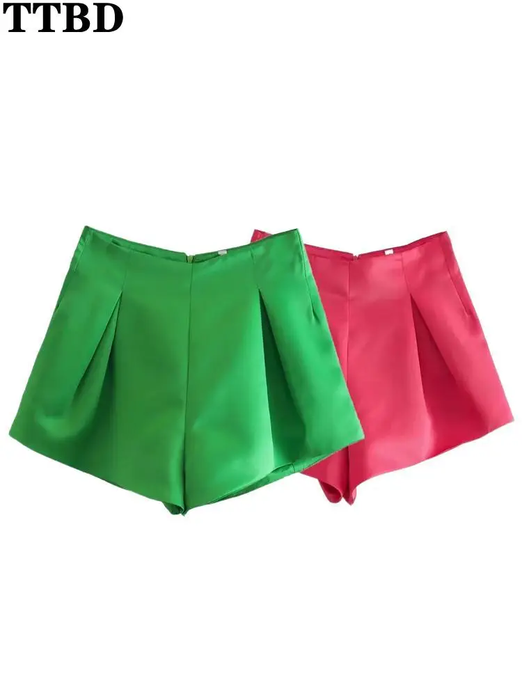 

TTBD summer Green traf Women Chic Fashion Front Pleated Bermuda Shorts Vintage High Waist Back Zipper Female Short Pants Mujer