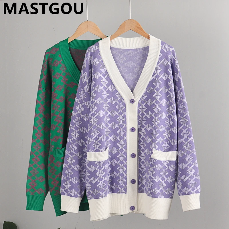 

MASTGOU Women Soft Knitted Sweater V-Neck Single Breasted Long Sleeve Cardigan Oversized Autumn Stylish Ladies Sweater Coat