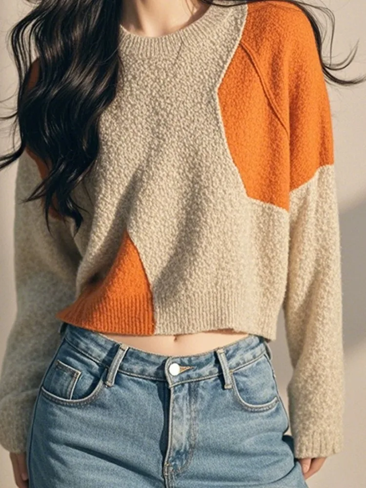 Brown Patchwork Round neck sweater Women 2024 Autumn and Winter New Retro French sle Graceful High Sense Knit Top