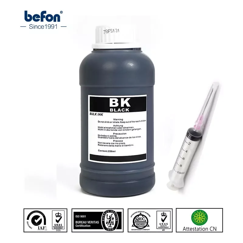 befon Black CISS Refilled Dye Ink Photo Universal Ink Compatible for HP Canon Epson Brother Printers and Ink Cartridges 250ml