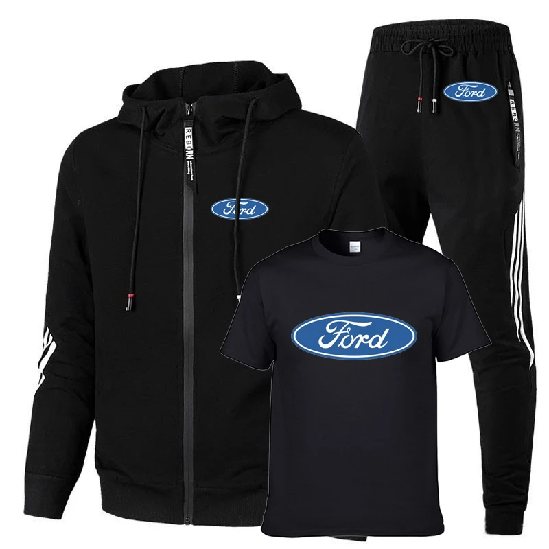 

Men's suits Ford Car Logo printing Spring Autumn Cotton High Quality Solid color stripe Men's sweatshirt+T-shirt+pants 3-piece