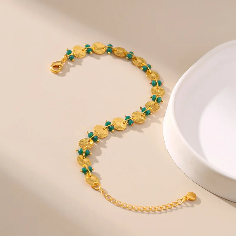 Женский винтажный браслет из нержавеющей стали с зелеными кристаллами