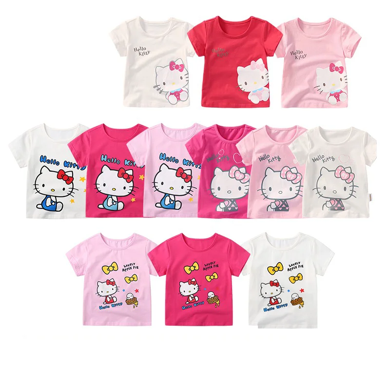 

Детские футболки Hello Kitty, модные топы с милым мультяшным аниме принтом, круглым вырезом и короткими рукавами, детская одежда на весну/лето