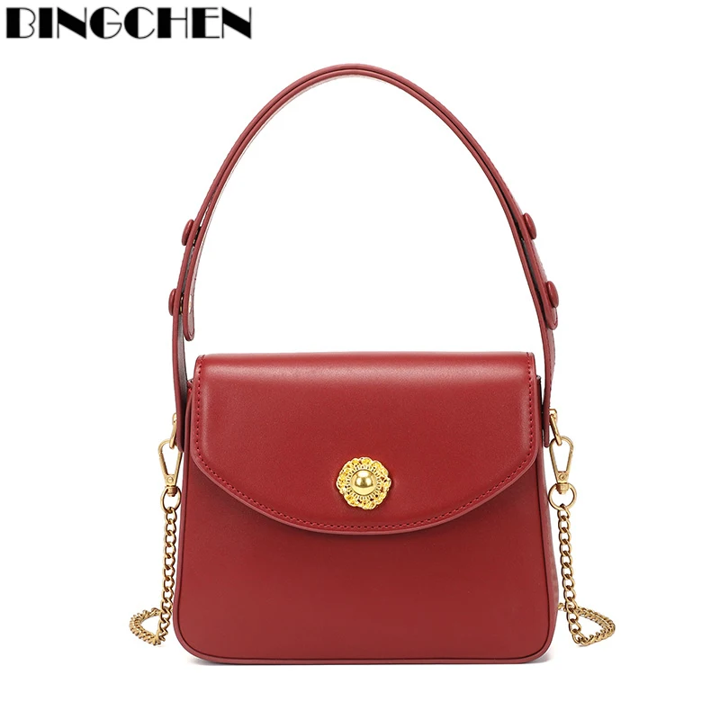 BINGCHEN 2022 Luxury Women 's Handbag Bags Genuine Leather Shoulder Bag Cowhie Classic Designer Bag Fashion Top Quality Casual