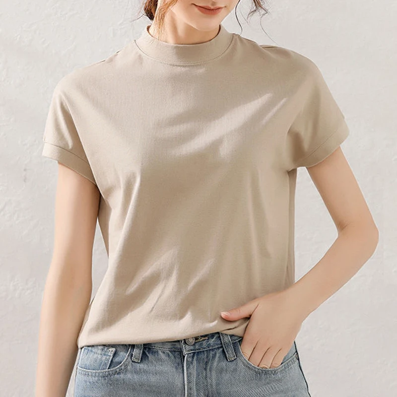 short-sleeved t-shirt cotton women's summer 2022 new trendy Korean  semi-high collar short-sleeved loose  bottoming shirt