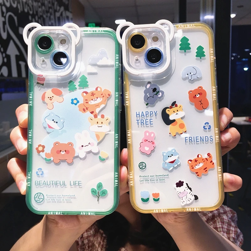 For iPhone 13 Pro Max 12 11 XS Max 7 8 Plus XR X Clear Cartoon Bear Camera Stand Silicone TPU Soft shockproof Cute Phone Case