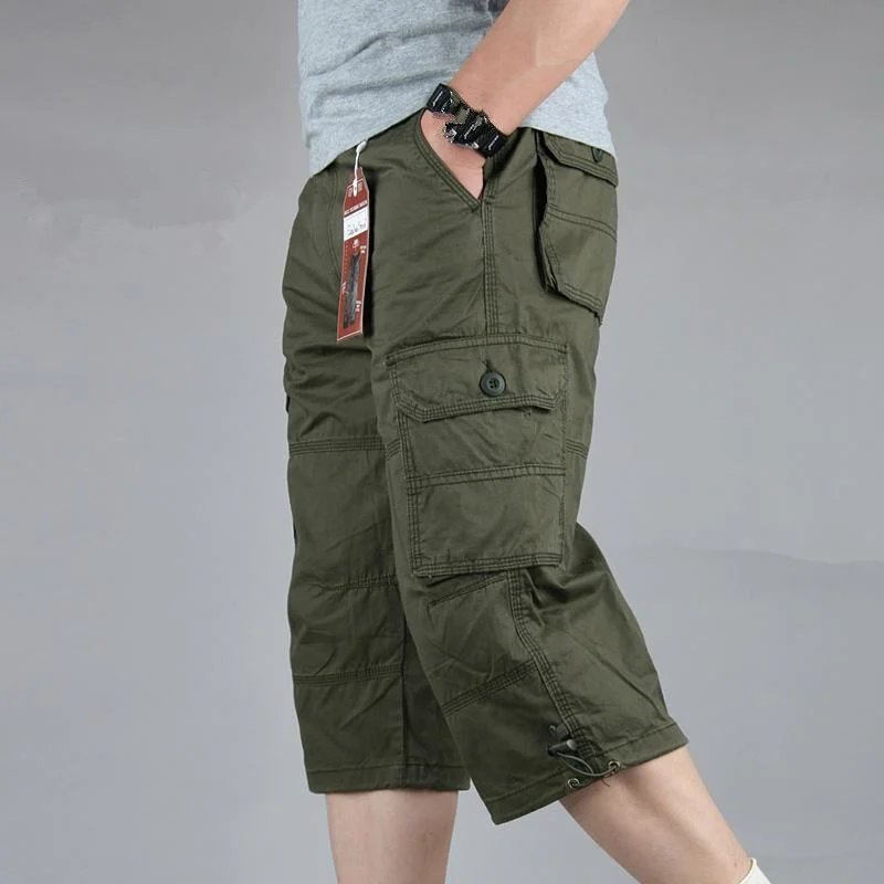 

Knee Length Cargo Shorts Men's Summer Casual Cotton Multi Pockets Breeches Cropped Short Trousers Military Camouflage Shorts