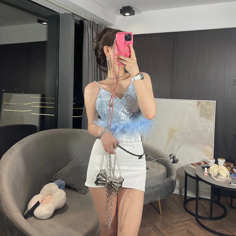 

Feather Top Summer Women Sexy Off Shoulder Real Ostrich Feather Crop Tops Black Sequin Fluffy Top With Straps Club Party 2022