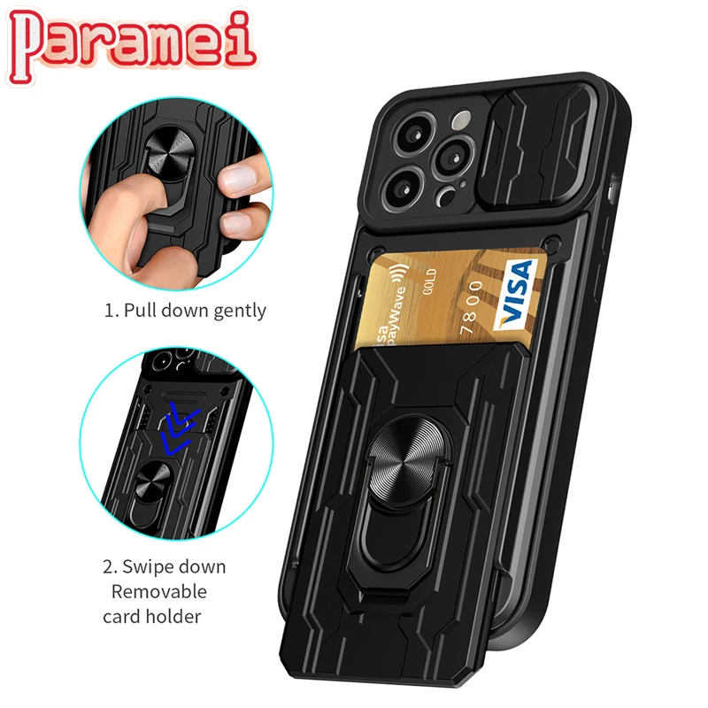 

Luxury Shockproof Armor Case for iPhone 11 12 13 14 Pro Max 14Max XSMax XR XS X 8Plus 8 7Plus 7 6 Plus Card Holder Stand Cover