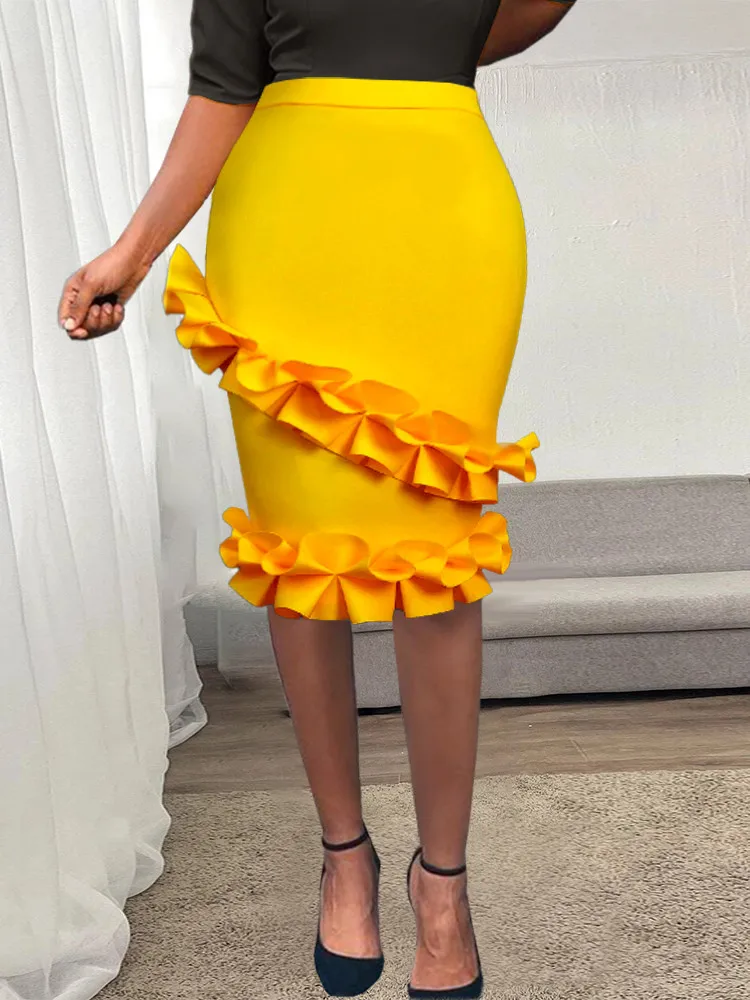 

Women Party Pencil High Waist Skirts Ruffles Elastic Bodycon Fashion Autumn Summer African Elegant Jupes Falads Saias Big Size