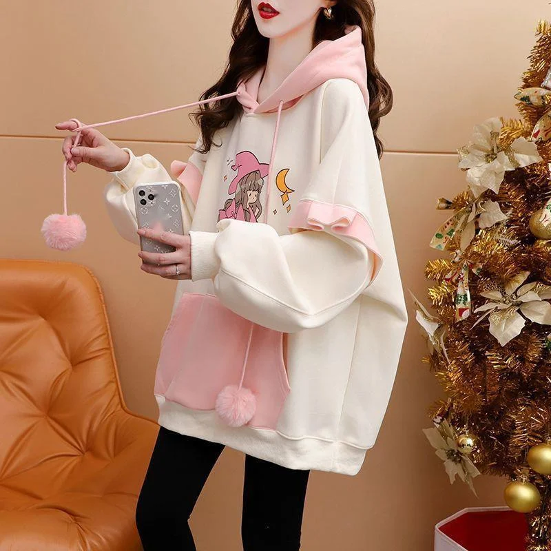 

2023 Autumn Women Hooded Sweatshirt Plush Ball Draw String Ruffle Lantern Sleeves Loose Hoodies Kawaii Teenagers Clothes Tops
