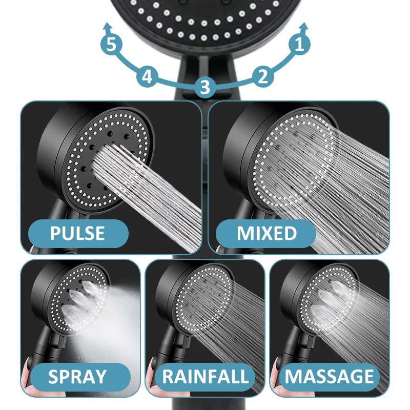 

5 Modes Adjustable Bath Shower Head High Pressure Water Saving Shower Stop Water Shower Head One-Key Stop Bathroom Tool