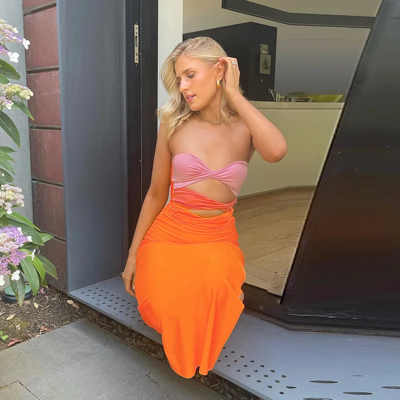 

Hollow Out Sleeveless Backless Summer Beach Dresses Party Club Midi 2022 Patchwork Y2K Strapless Bodycon Dress Sexy Women