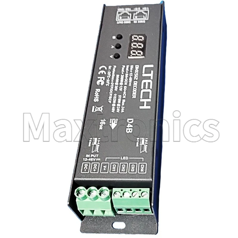 Фото LTECH DMX/RDM декодер DMX512 ведомый зеленый терминал/порт RJ45 4-канальный CV постоянное напряжение DC12-24V 6A/CH 24A (4CH) ЖК-дисплей №4
