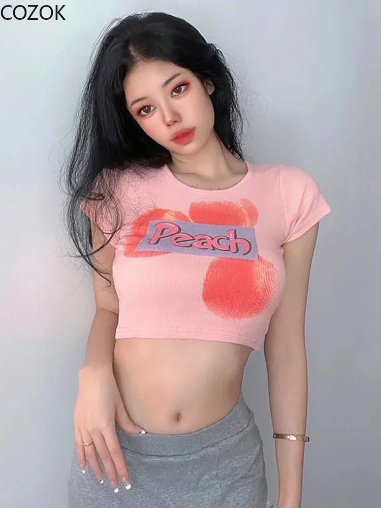 

Gothic Crop Tops Women Aesthetic Y2K Short Sleeve T-shirts Kawaii Print Clothes O-neck Fashion Vintage Pink Top Female New Shirt