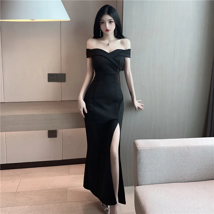 Elegant Goddess Design Sense French sle off-Neck Tube Top Sexy High Slit Temperament Long dress Banquet Evening dress