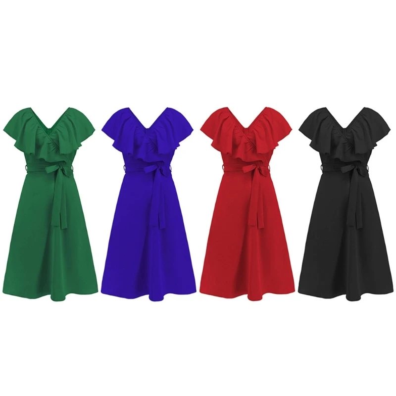 

Женское платье с оборками и коротким рукавом, сексуальное пляжное платье с глубоким V-образным вырезом, платье с запахом и поясом, женское праздничное летнее платье 10CD