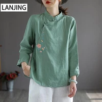 embroidery cotton and linen long sleeved shirt ladies summer new oblique lapel button loose top women shirts blouses