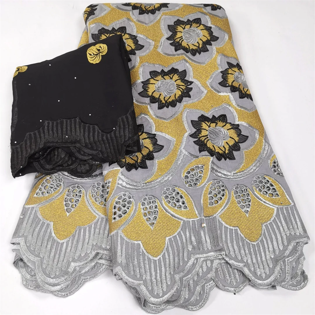 

New Swiss Voile Lace In Switzerland 2022 High Quality African 100% Cotton Fabric French Net Lace Fabrics With Stones 5+2 Yards